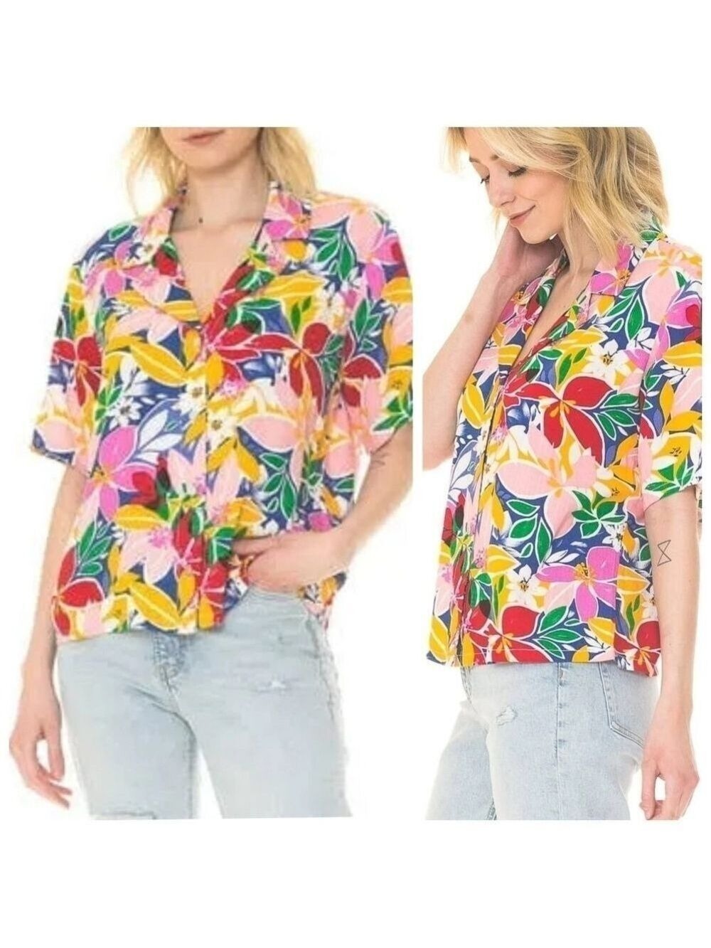 April Kiss Tropical Button Up Top Bold Floral Print Women's Large Linen Blend